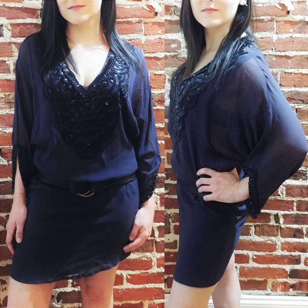 French Connection Grey Beaded Silk Shift Dress